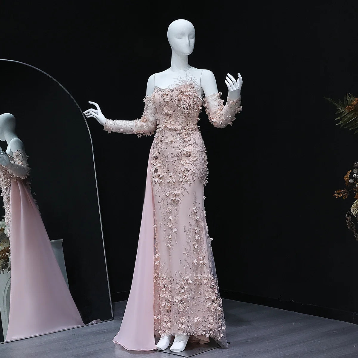 Elegant Blue 3D Flowers Feathers Evening Dress with Sleeves SS342
