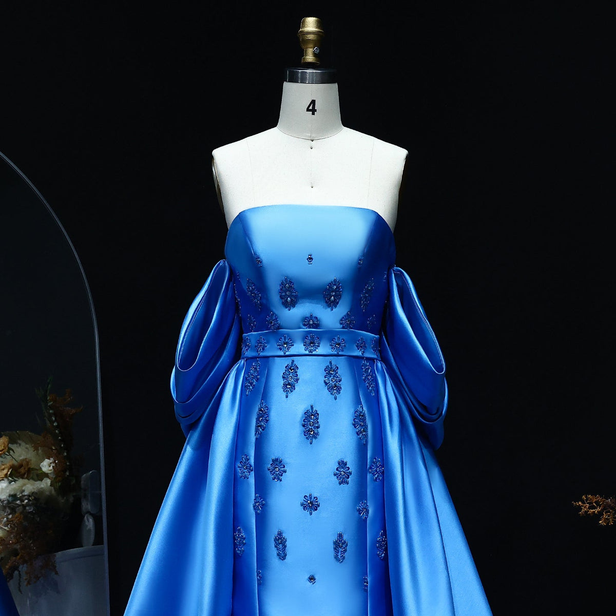 Elegant Blue Evening Dress with Detachable Overskirt Cape Sleeves SS255