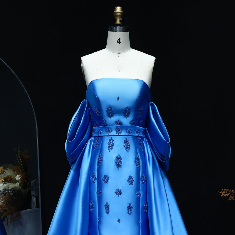 Elegant Blue Evening Dress with Detachable Overskirt Cape Sleeves SS255