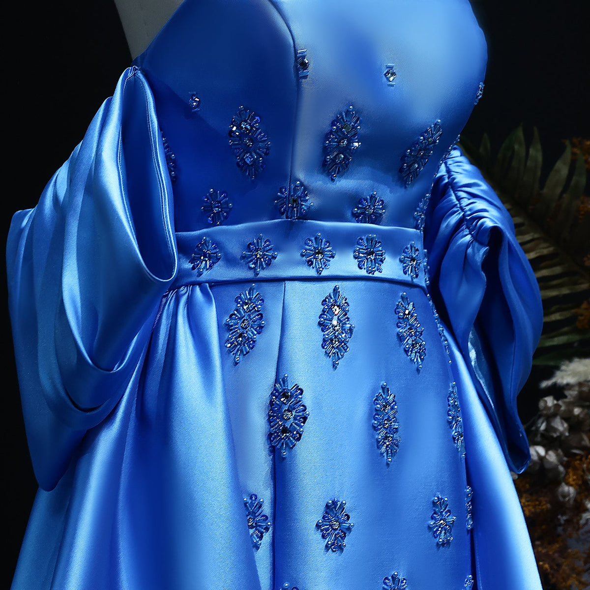 Elegant Blue Evening Dress with Detachable Overskirt Cape Sleeves SS255