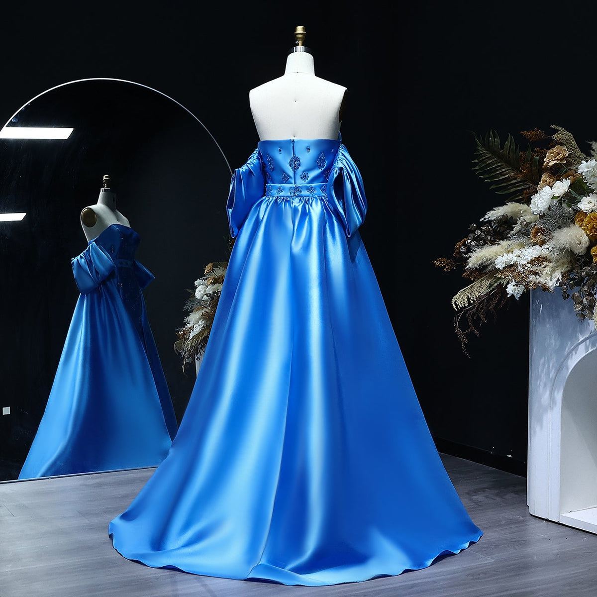 Elegant Blue Evening Dress with Detachable Overskirt Cape Sleeves SS255