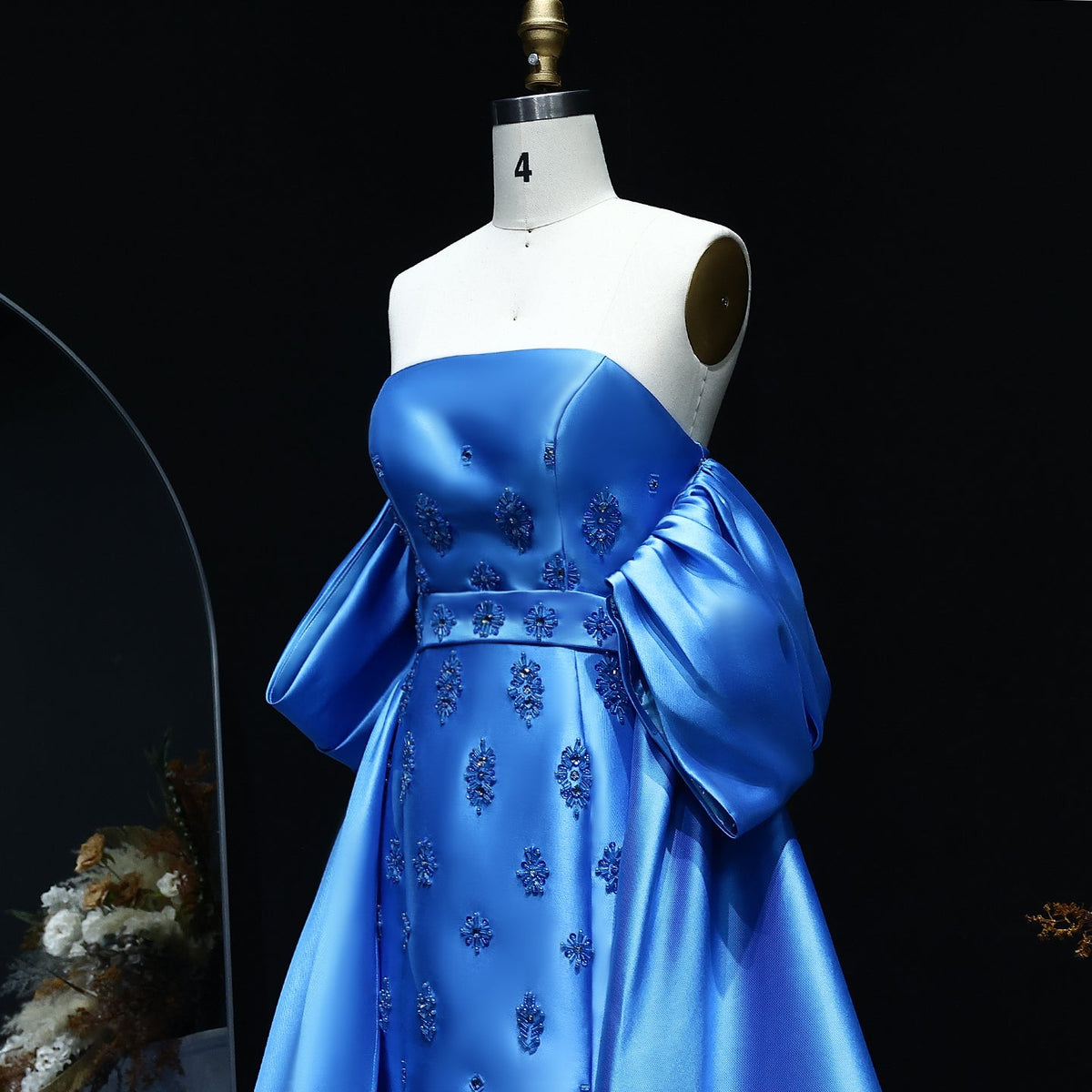 Elegant Blue Evening Dress with Detachable Overskirt Cape Sleeves SS255