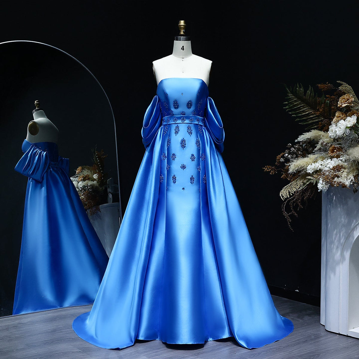 Elegant Blue Evening Dress with Detachable Overskirt Cape Sleeves SS255