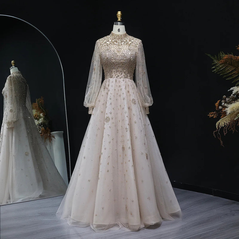 Elegant Champagne Evening Dress with Long Sleeves SS083