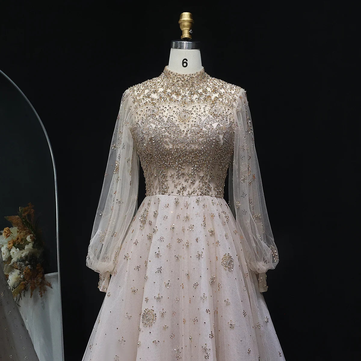 Elegant Champagne Evening Dress with Long Sleeves SS083