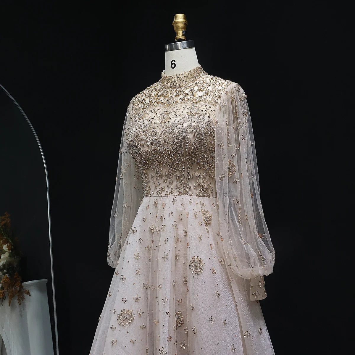 Elegant Champagne Evening Dress with Long Sleeves SS083