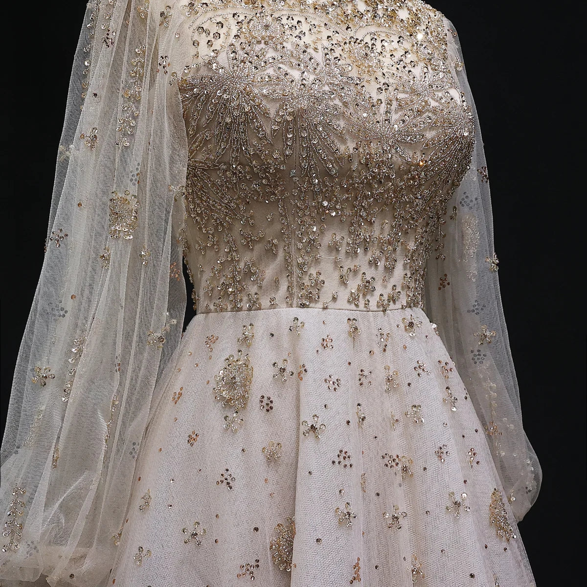 Elegant Champagne Evening Dress with Long Sleeves SS083