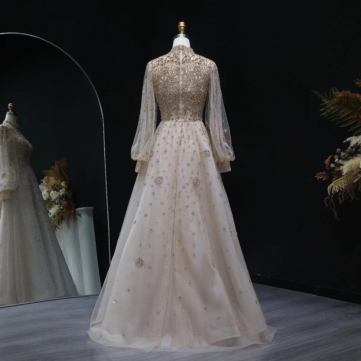 Elegant Champagne Evening Dress with Long Sleeves SS083
