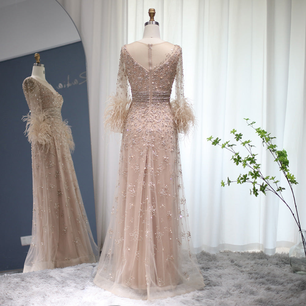 Elegant Champagne Feathers Long Sleeves Evening Dresses Luxury Dubai Beaded Muslim Women Wedding Formal Party Gowns SS101