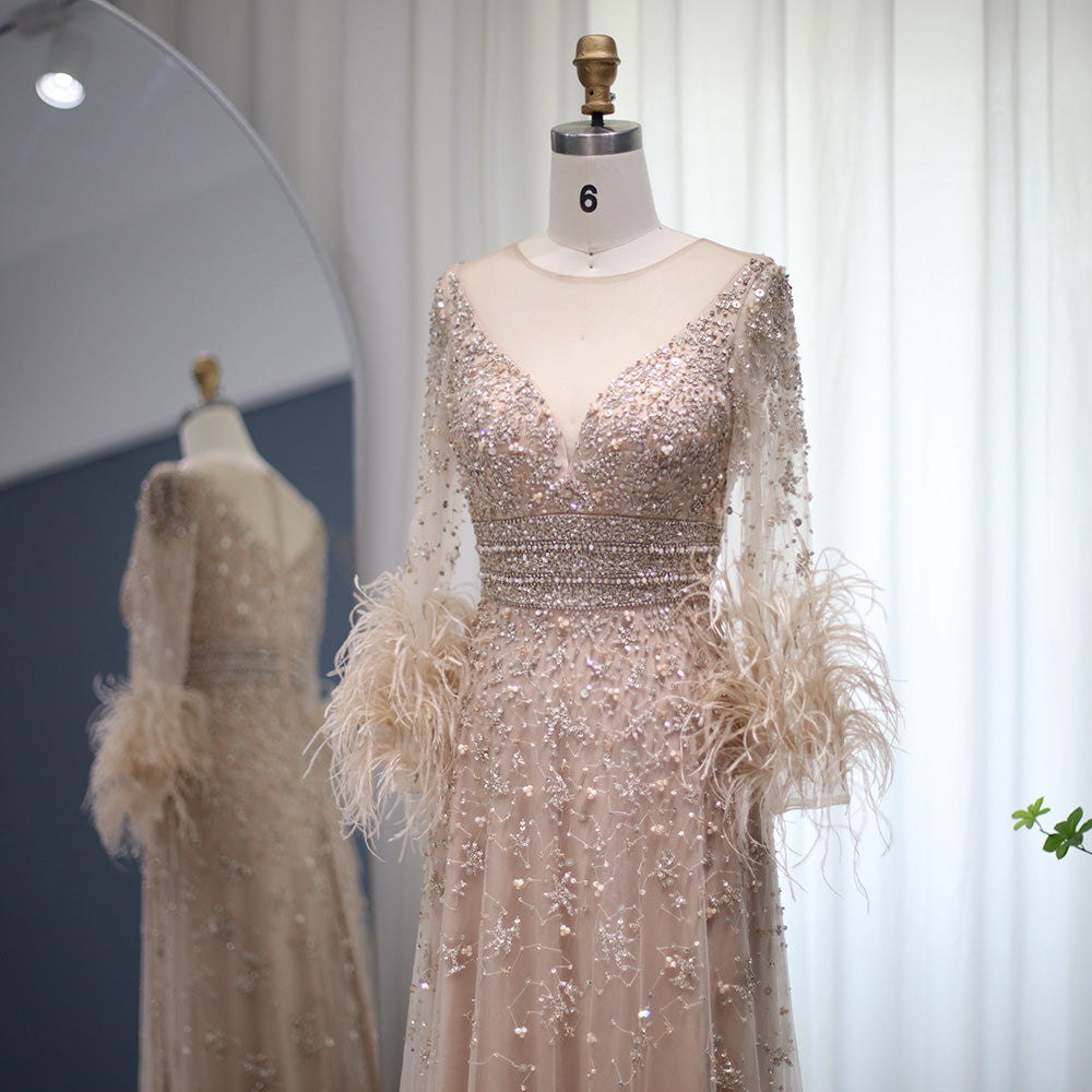 Elegant Champagne Feathers Long Sleeves Evening Dresses Luxury Dubai Beaded Muslim Women Wedding Formal Party Gowns SS101