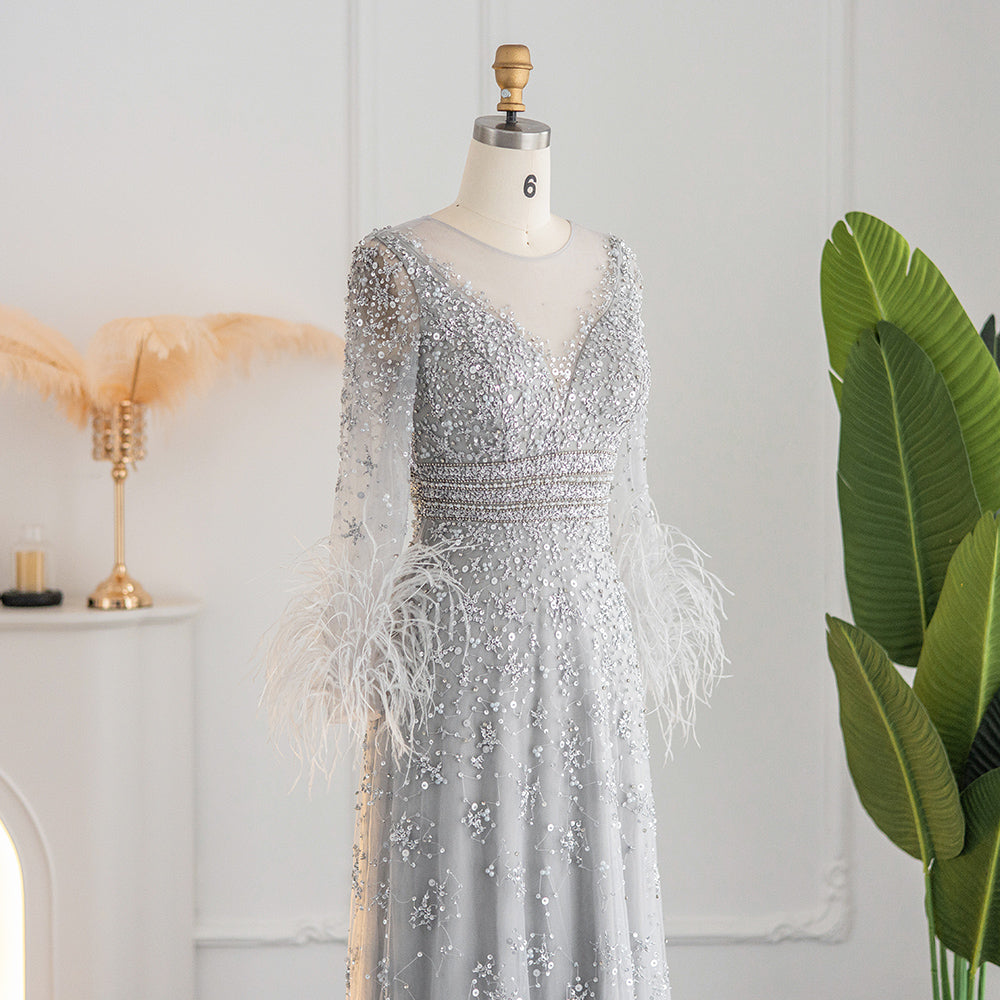 Elegant Champagne Feathers Long Sleeves Evening Dresses Luxury Dubai Beaded Muslim Women Wedding Formal Party Gowns SS101