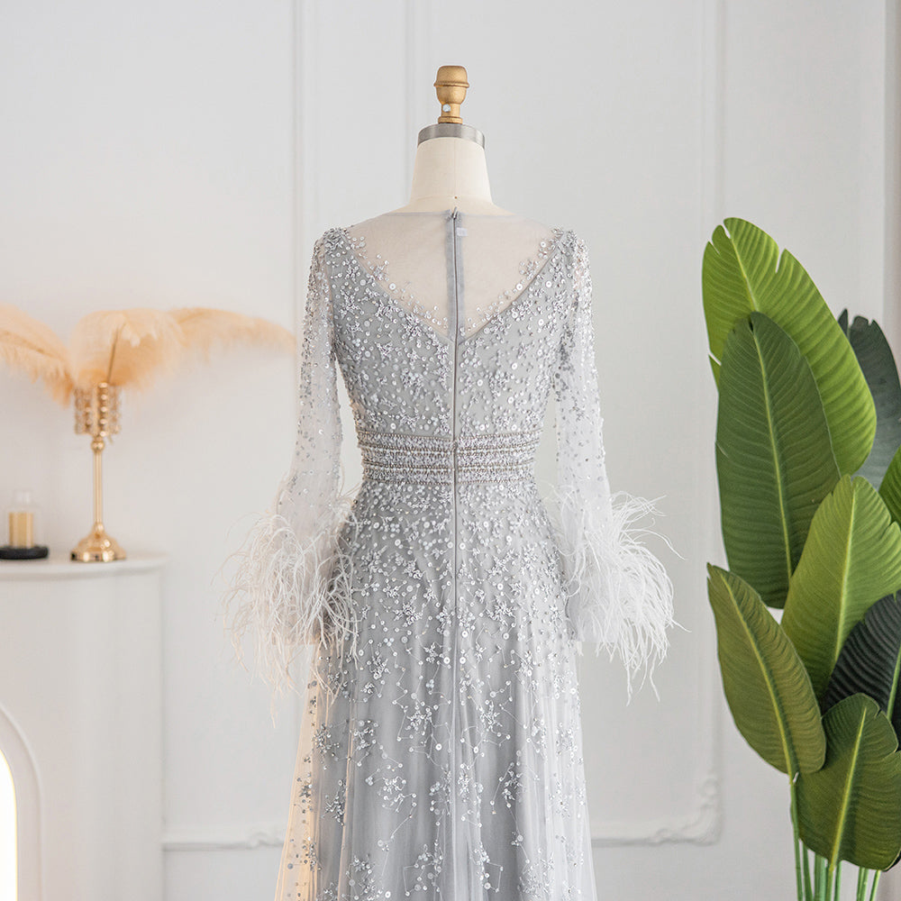 Elegant Champagne Feathers Long Sleeves Evening Dresses Luxury Dubai Beaded Muslim Women Wedding Formal Party Gowns SS101