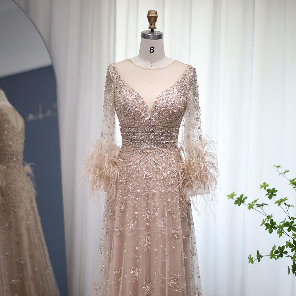 Elegant Champagne Feathers Long Sleeves Evening Dresses Luxury Dubai Beaded Muslim Women Wedding Formal Party Gowns SS101