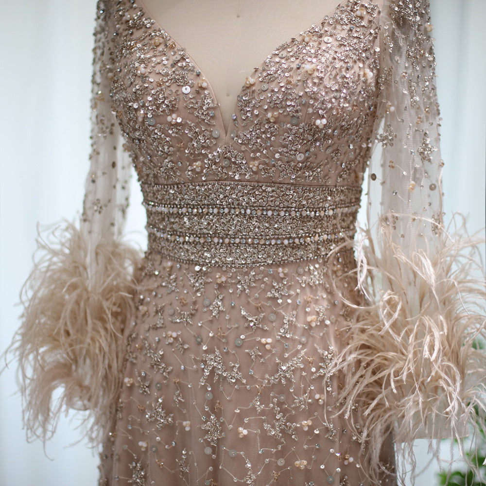 Elegant Champagne Feathers Long Sleeves Evening Dresses Luxury Dubai Beaded Muslim Women Wedding Formal Party Gowns SS101