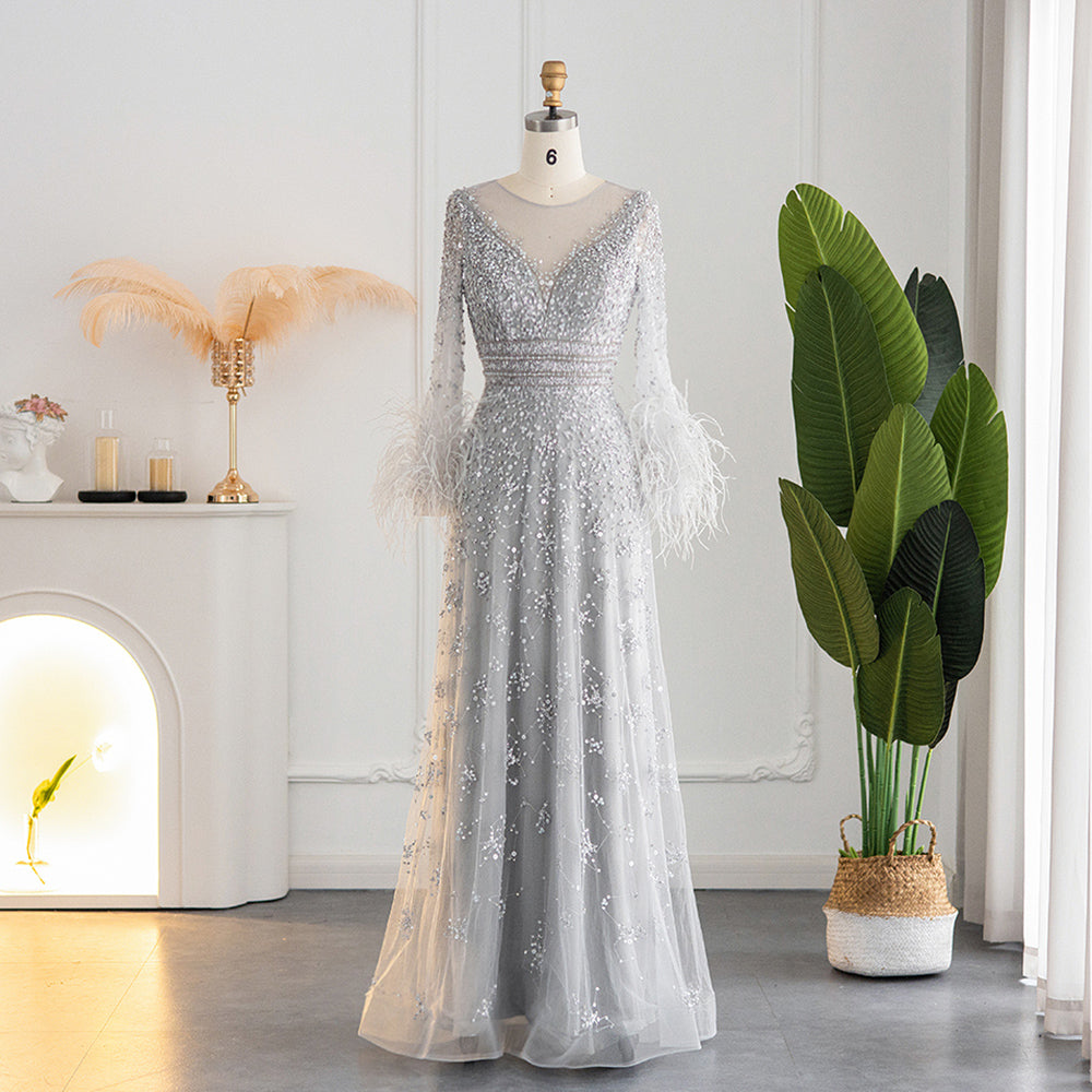 Elegant Champagne Feathers Long Sleeves Evening Dresses Luxury Dubai Beaded Muslim Women Wedding Formal Party Gowns SS101