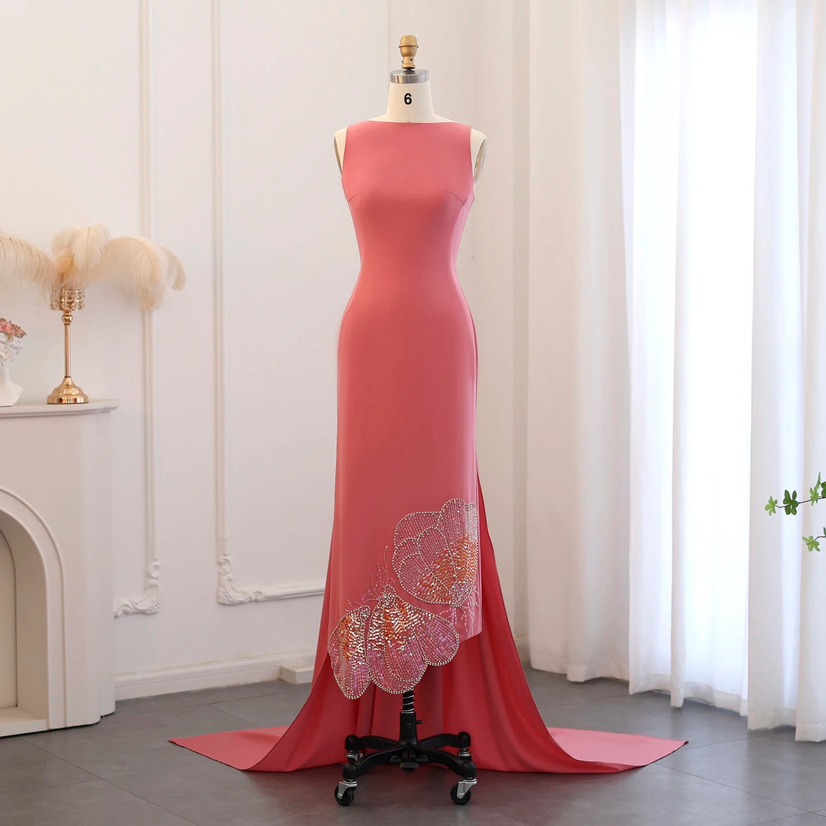 Elegant Coral Pink Butterfly Beaded Evening Dress SS471