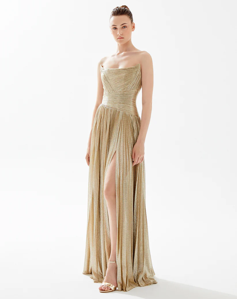Elegant Gold Pleats Strapless Draped Evening Dress SF208