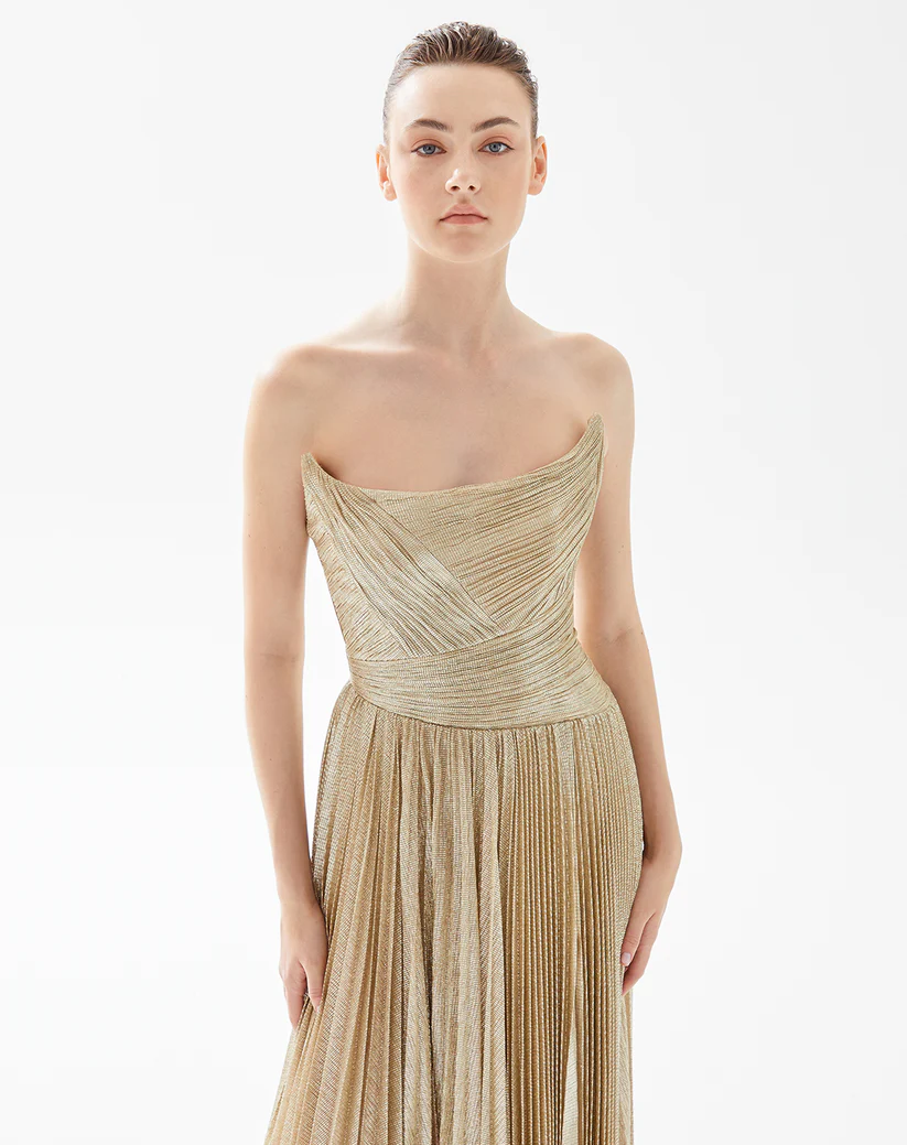 Elegant Gold Pleats Strapless Draped Evening Dress SF208