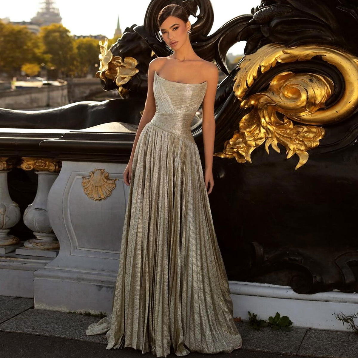 Elegant Gold Pleats Strapless Draped Evening Dress SF208
