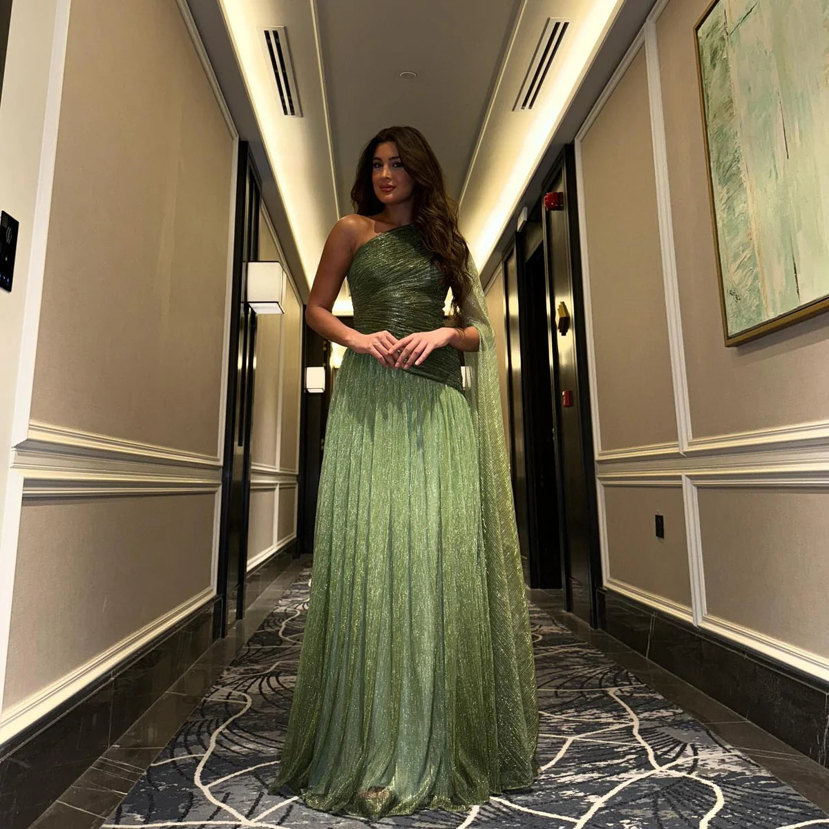 Elegant Green One Shoulder A-Line Evening Dress SF406