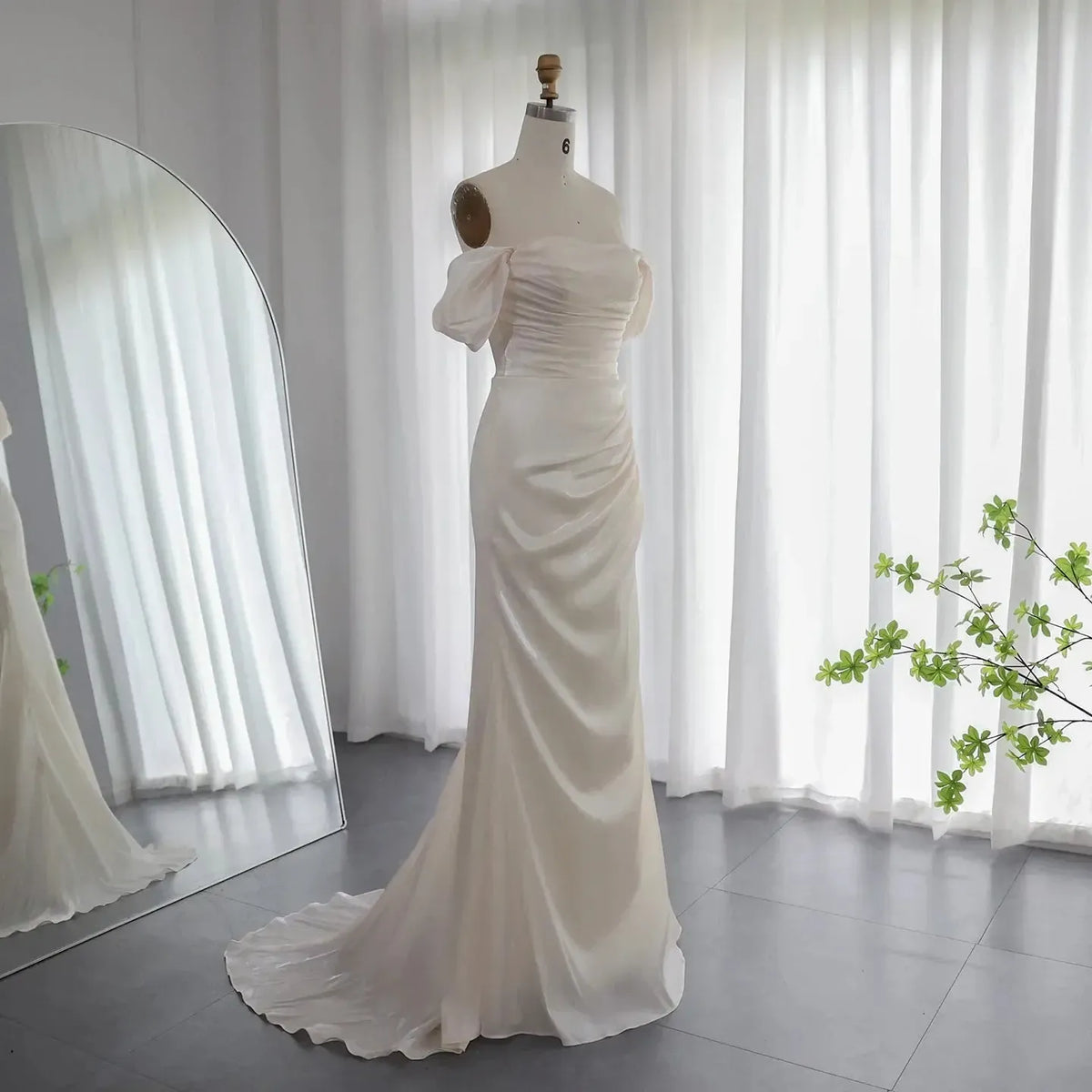 Elegant Off Shoulder Arabic Mermaid Beige Evening Dress SF001