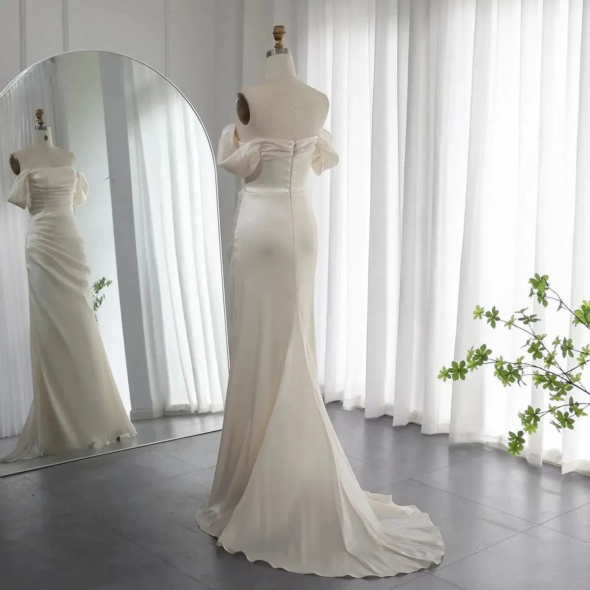 Elegant Off Shoulder Arabic Mermaid Beige Evening Dress SF001