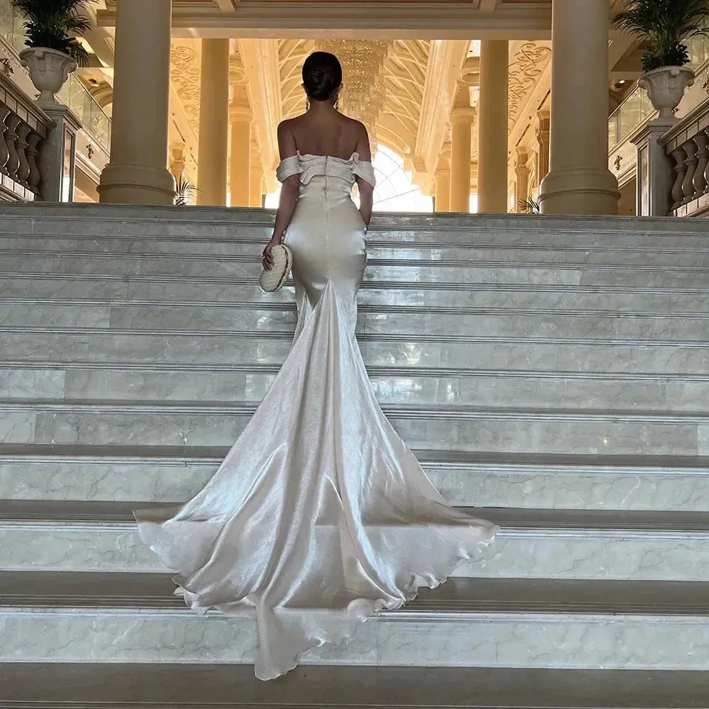 Elegant Off Shoulder Arabic Mermaid Beige Evening Dress SF001