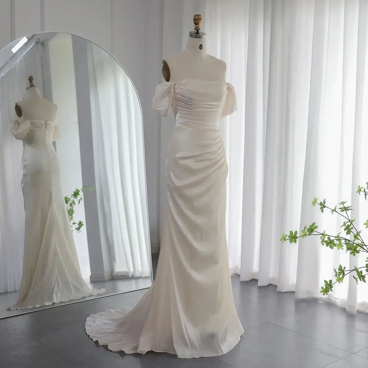 Elegant Off Shoulder Arabic Mermaid Beige Evening Dress SF001