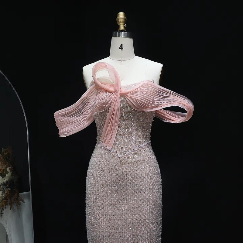 Elegant Off Shoulder Embroidery Blush Pink Evening Dress SS521