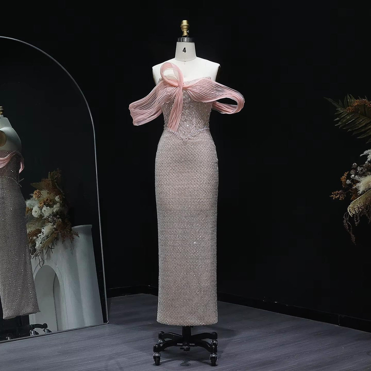 Elegant Off Shoulder Embroidery Blush Pink Evening Dress SS521