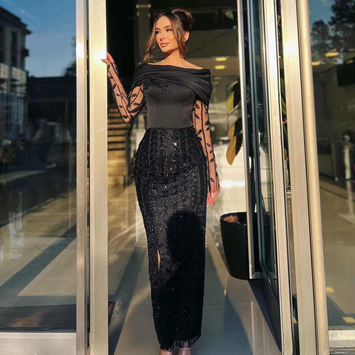 Elegant Off Shoulder Evening Dress with Long Sleeves SS125