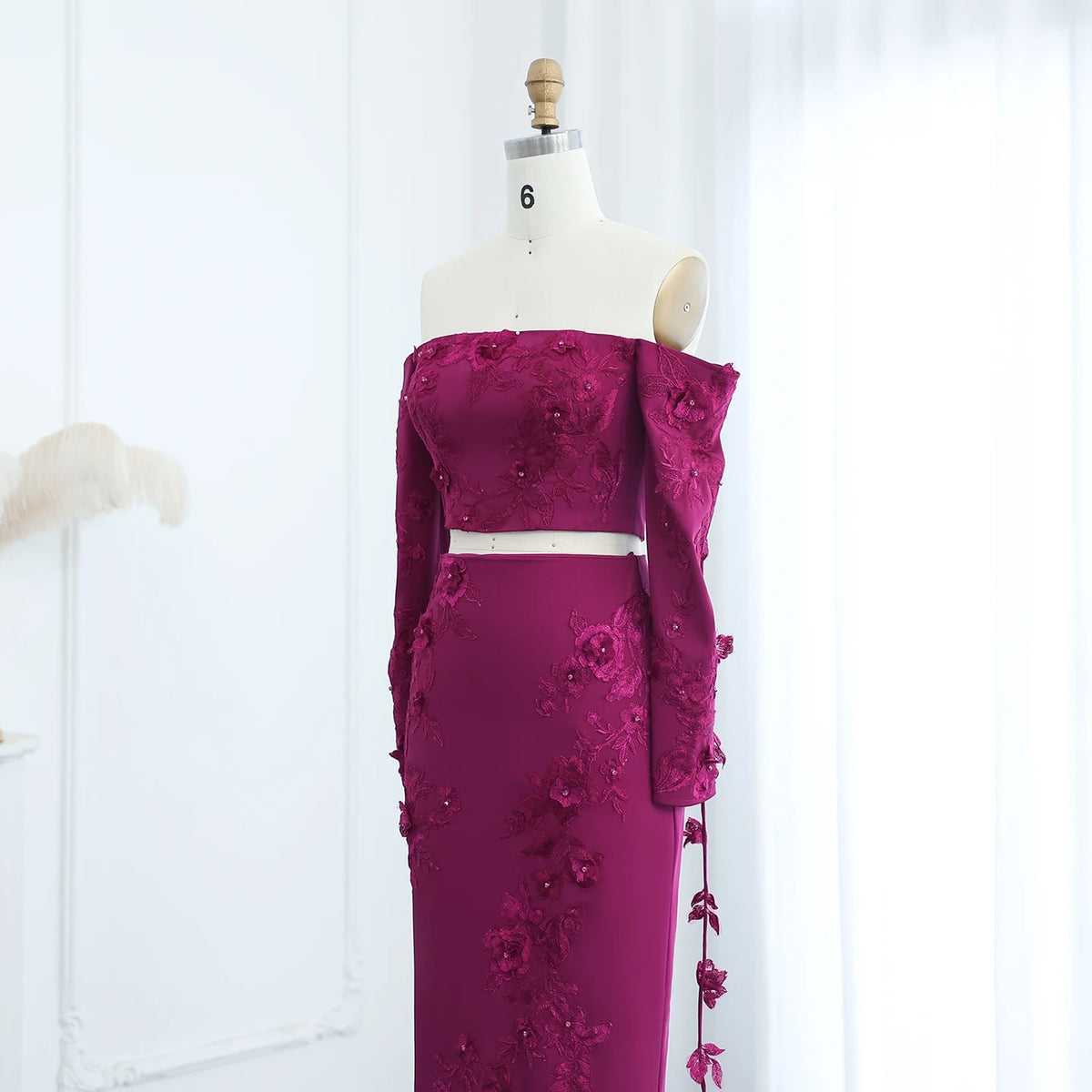 Elegant Off Shoulder Fuchsia Long Sleeves Evening Dress SS310