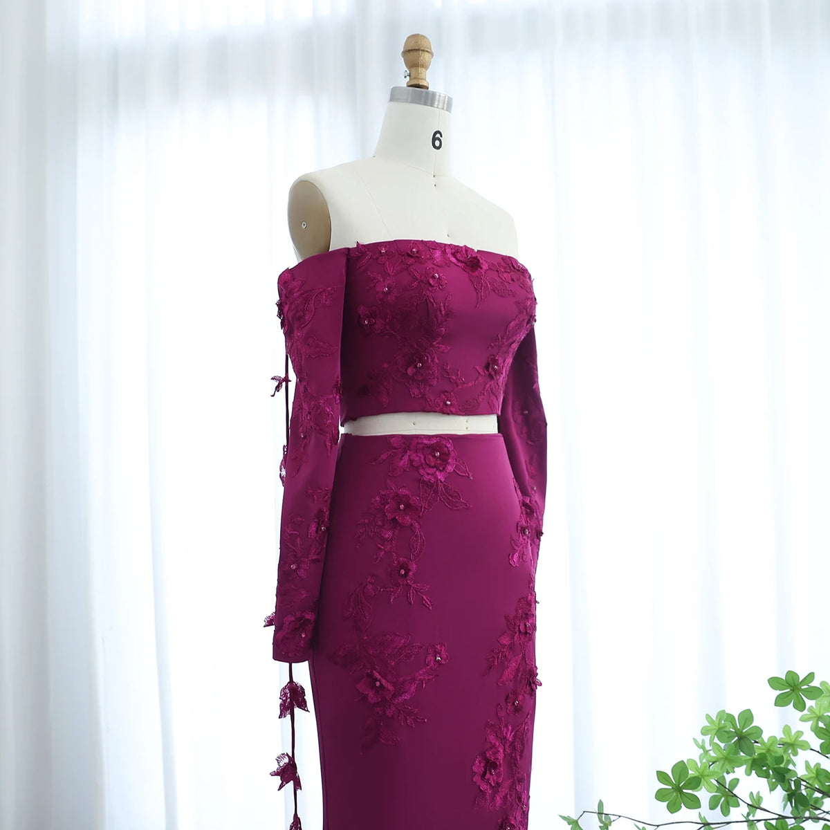 Elegant Off Shoulder Fuchsia Long Sleeves Evening Dress SS310