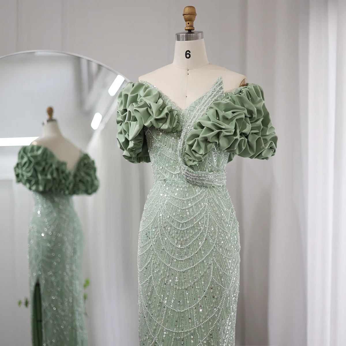 Elegant Off Shoulder Mermaid Sage Green Slit Evening Dress SS288