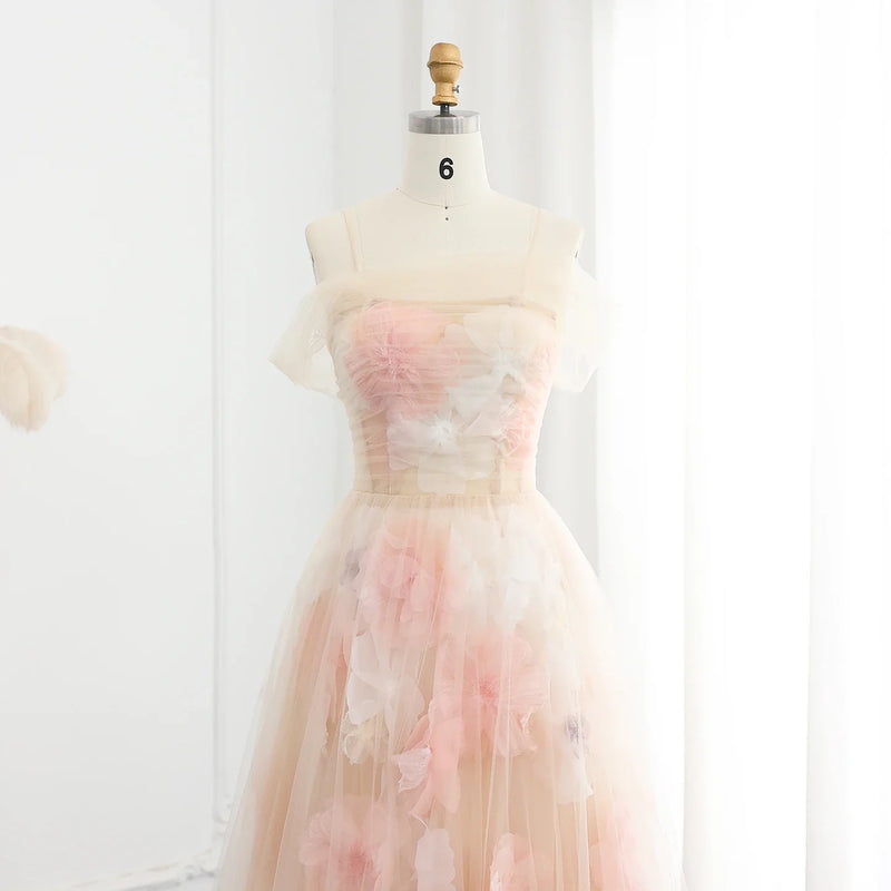 Elegant Off Shoulder Pink 3D Flowers Champagne Evening Dress Arabic SS321