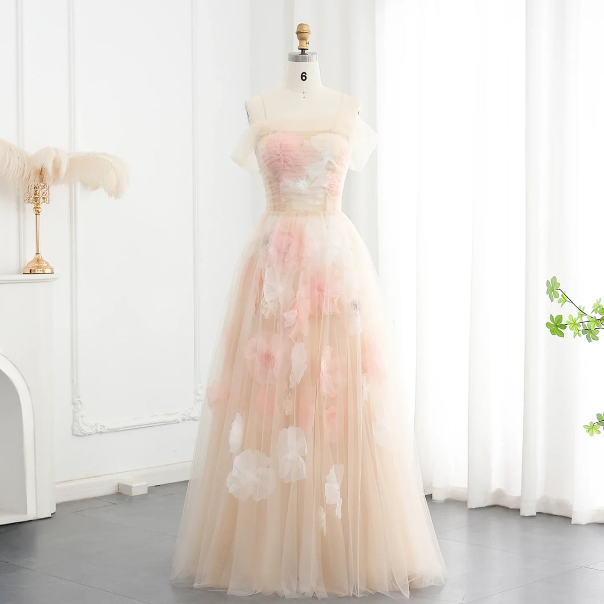 Elegant Off Shoulder Pink 3D Flowers Champagne Evening Dress Arabic SS321