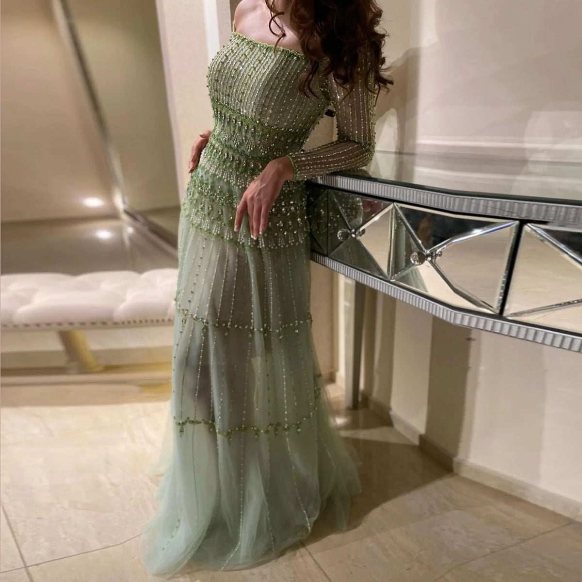 Elegant Off Shoulder Sage Green Evening Dress SS588
