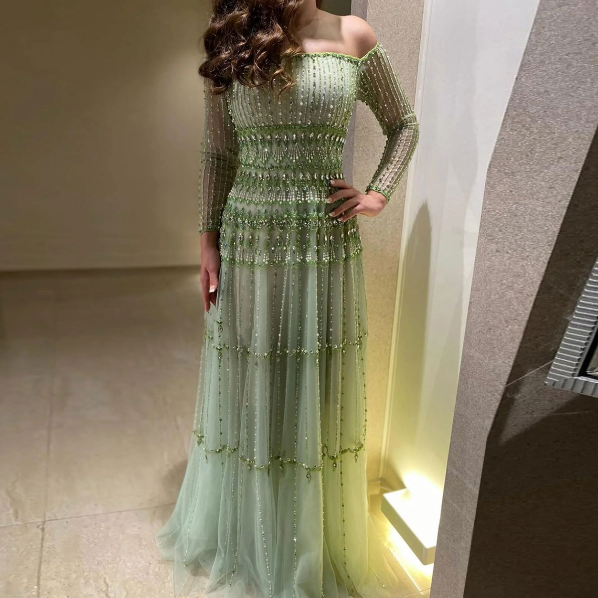 Elegant Off Shoulder Sage Green Evening Dress SS588