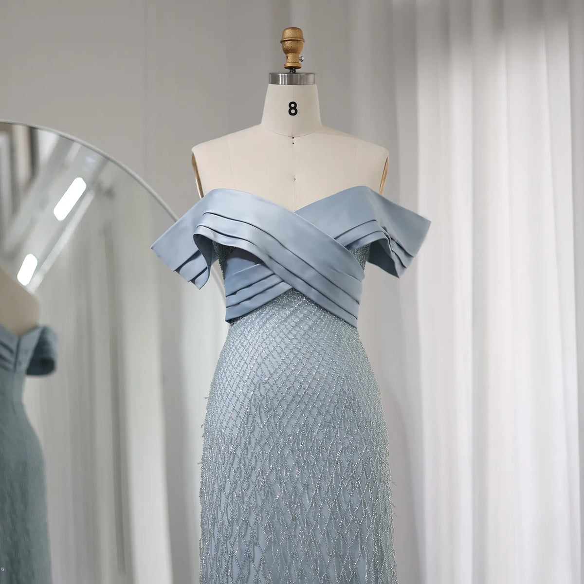 Elegant Off Shoulder Sage Green Tassel Evening Dress SS447