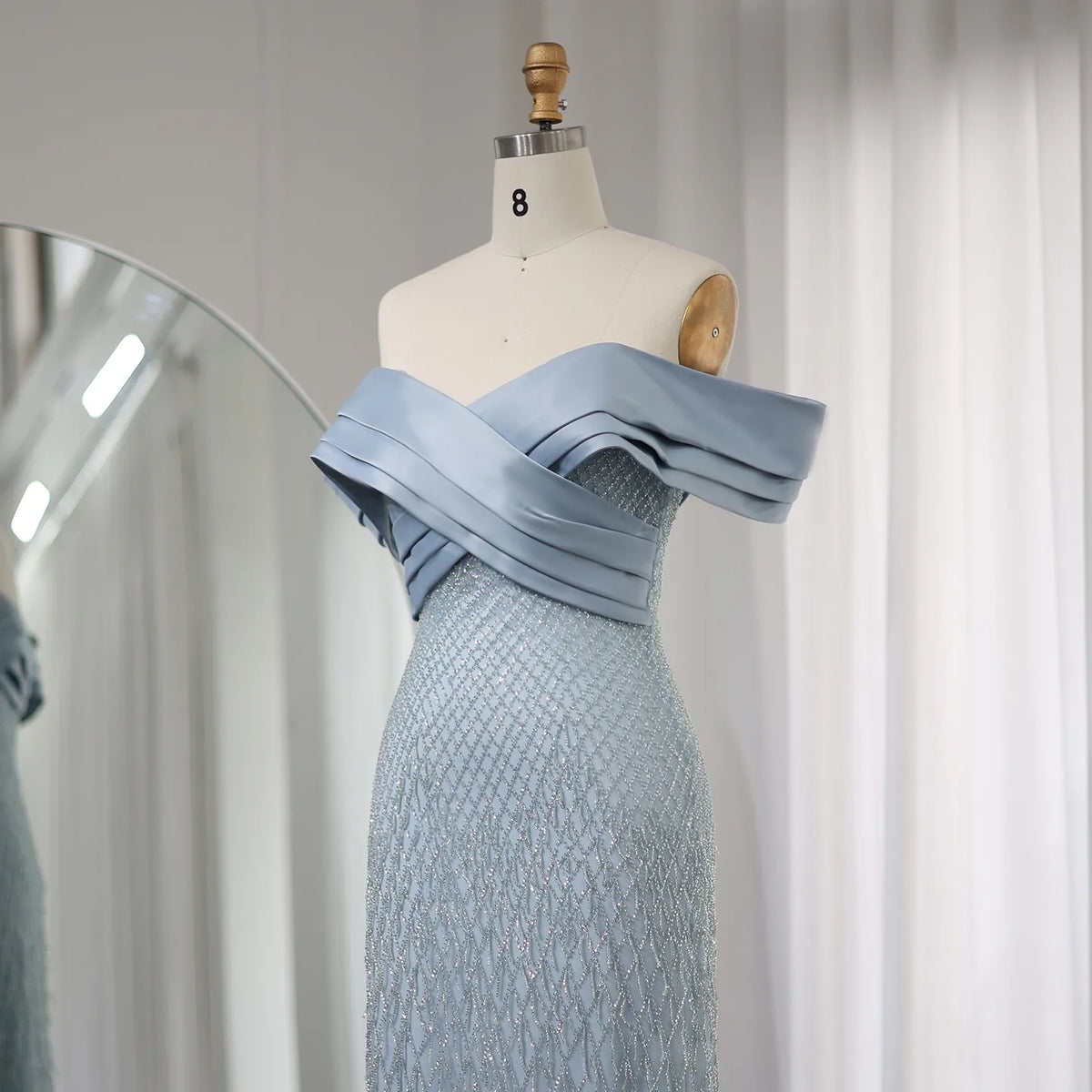 Elegant Off Shoulder Sage Green Tassel Evening Dress SS447