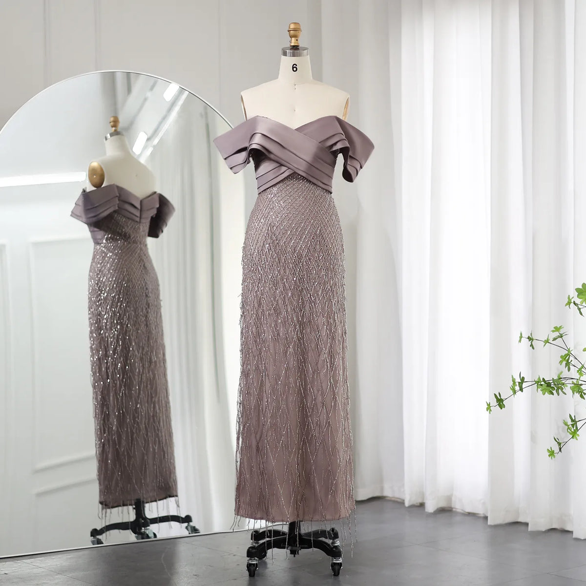 Elegant Off Shoulder Sage Green Tassel Evening Dress SS447