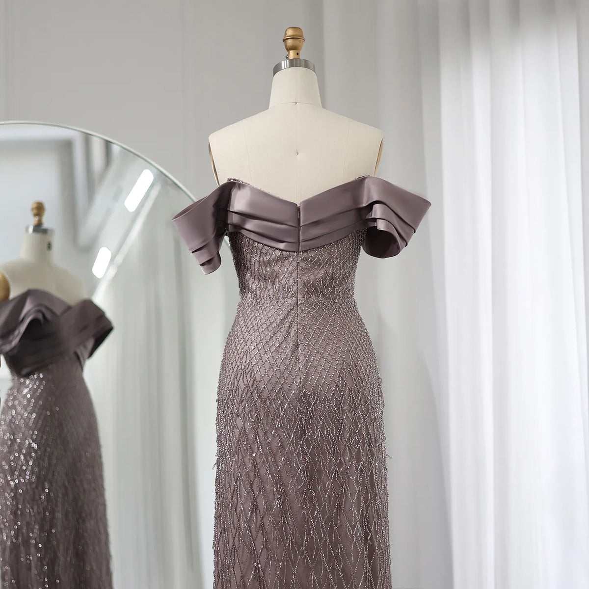 Elegant Off Shoulder Sage Green Tassel Evening Dress SS447