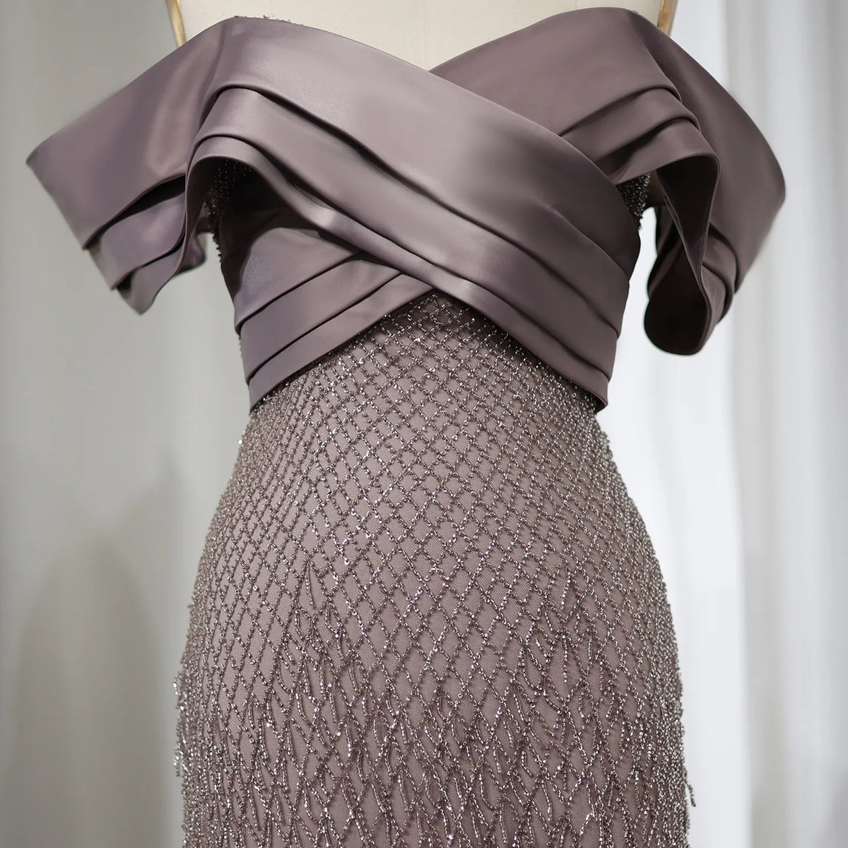 Elegant Off Shoulder Sage Green Tassel Evening Dress SS447