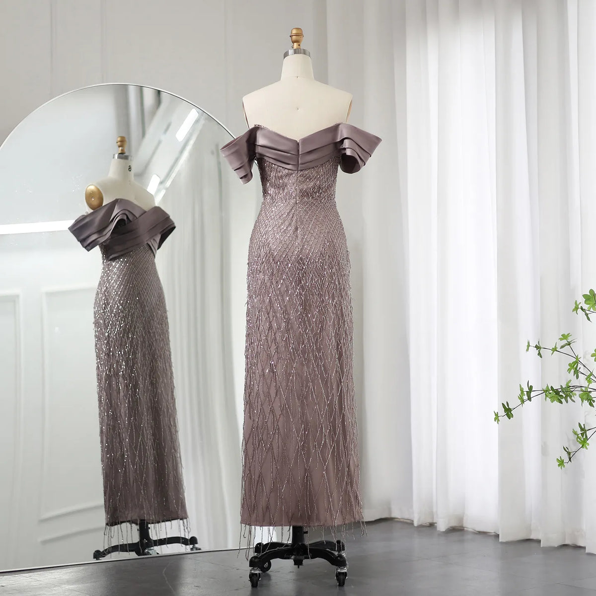 Elegant Off Shoulder Sage Green Tassel Evening Dress SS447