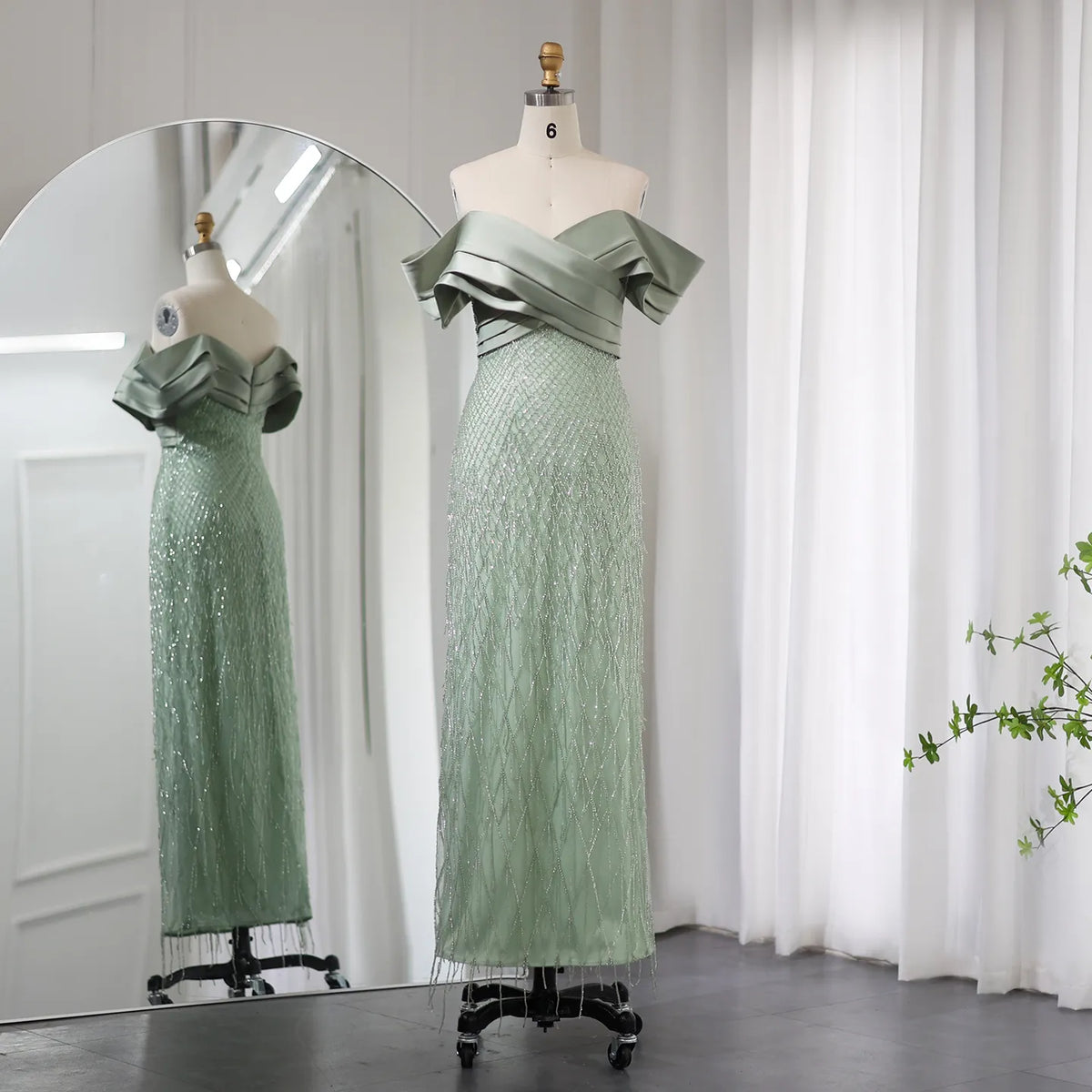 Elegant Off Shoulder Sage Green Tassel Evening Dress SS447