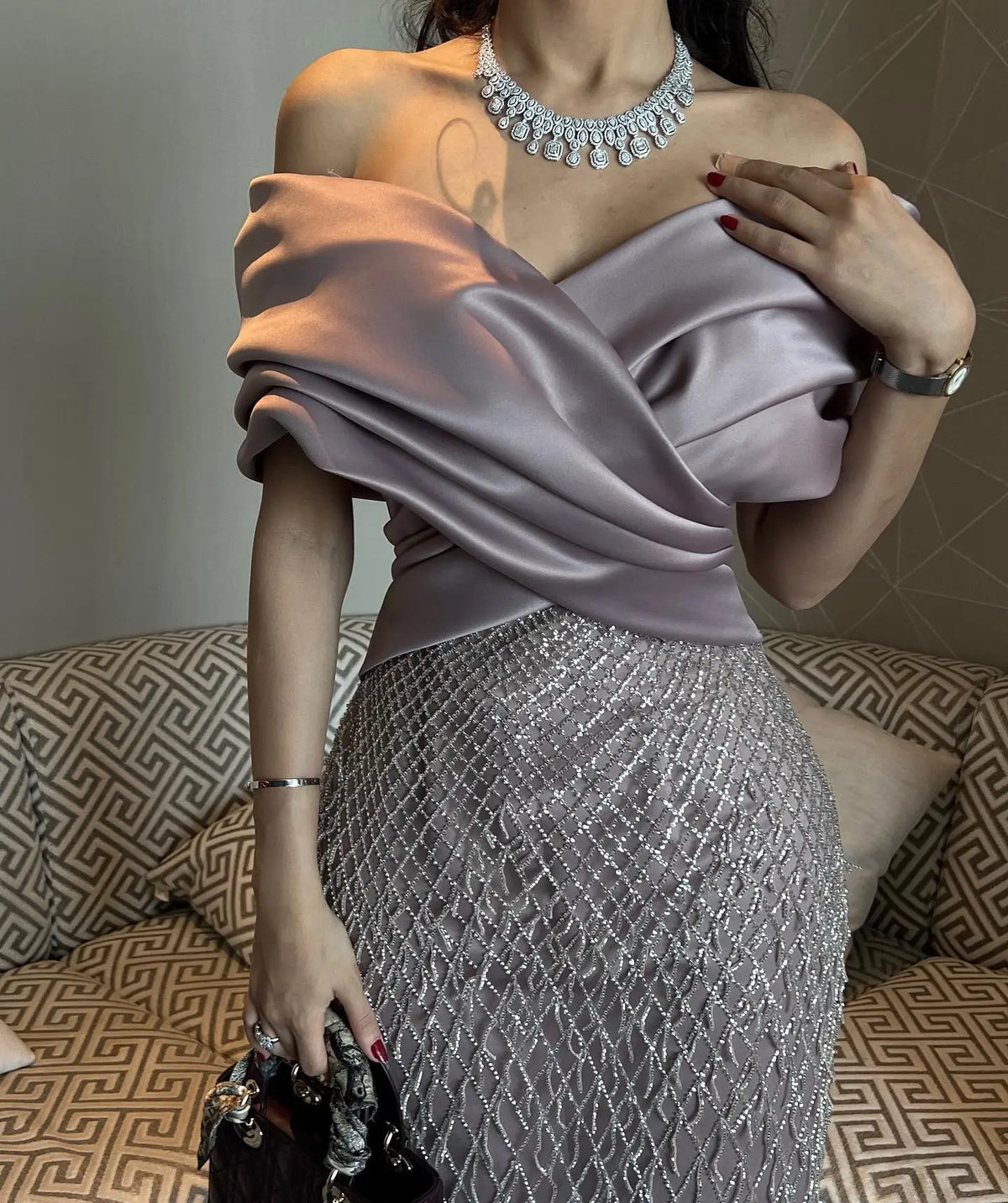 Elegant Off Shoulder Sage Green Tassel Evening Dress SS447