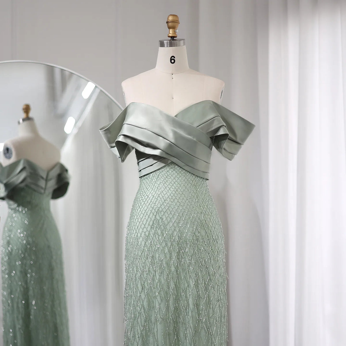 Elegant Off Shoulder Sage Green Tassel Evening Dress SS447