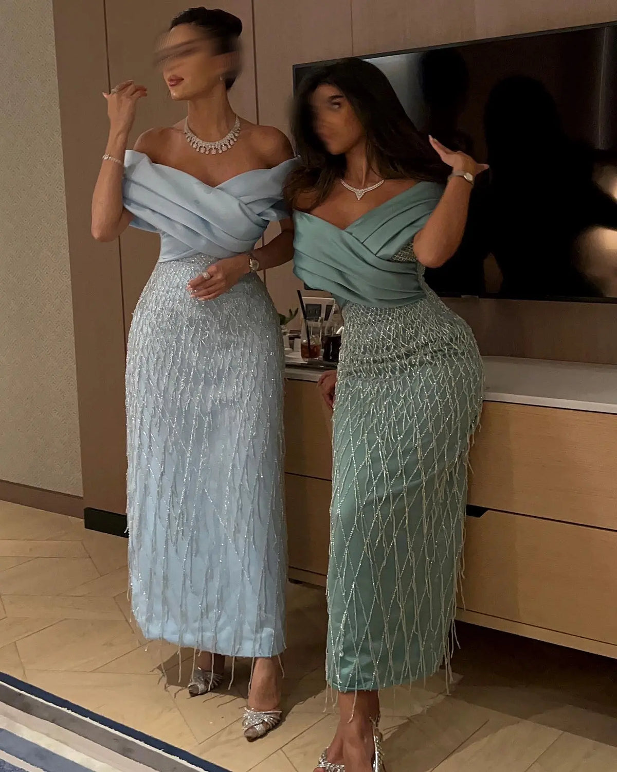 Elegant Off Shoulder Sage Green Tassel Evening Dress SS447
