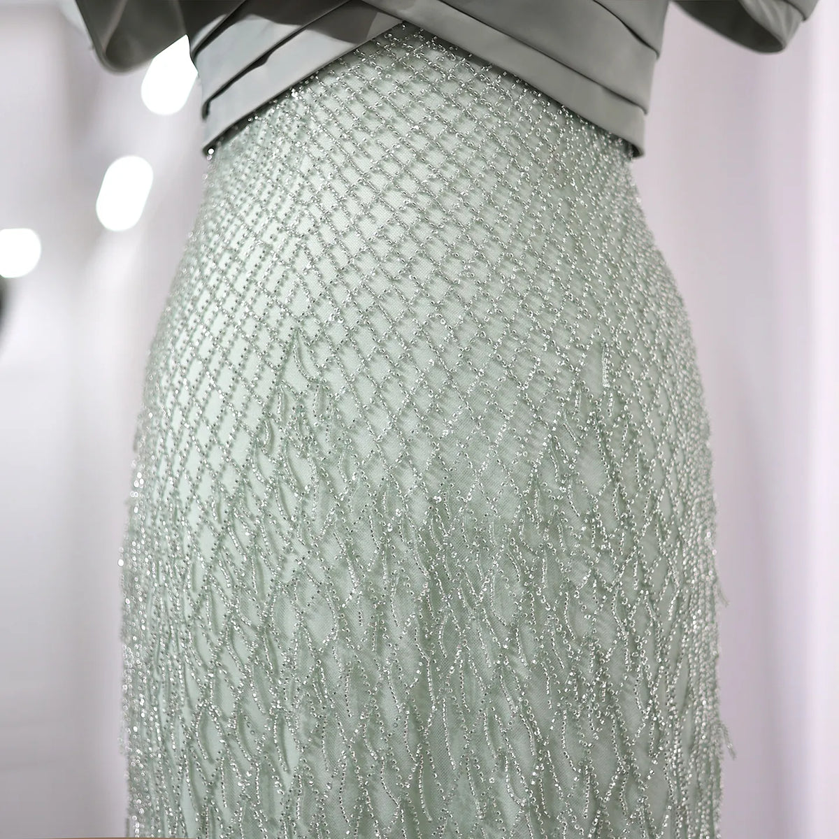 Elegant Off Shoulder Sage Green Tassel Evening Dress SS447