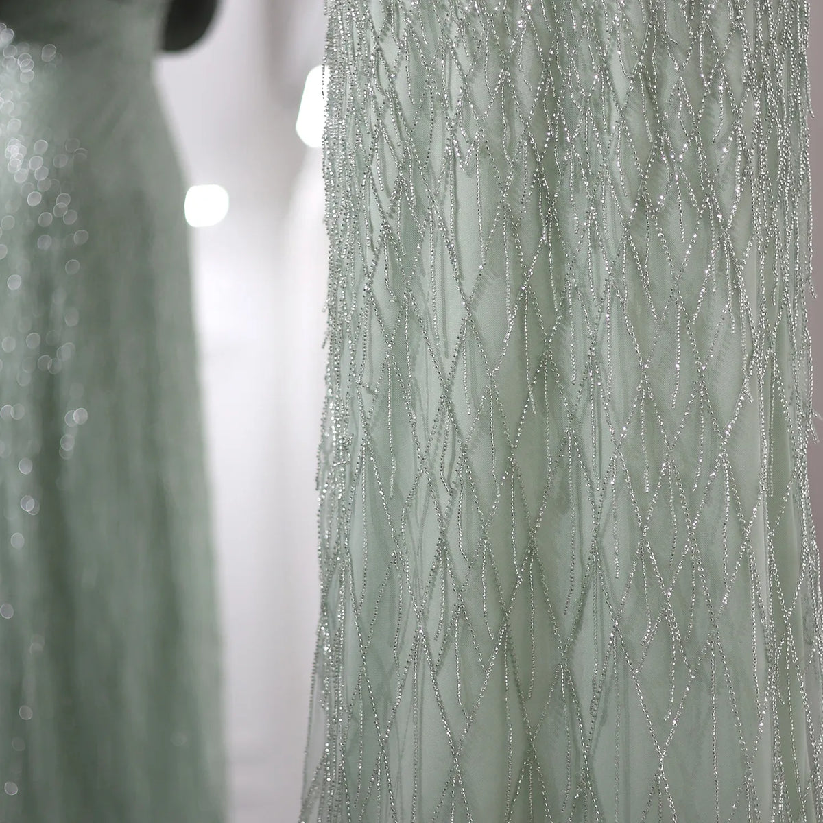 Elegant Off Shoulder Sage Green Tassel Evening Dress SS447